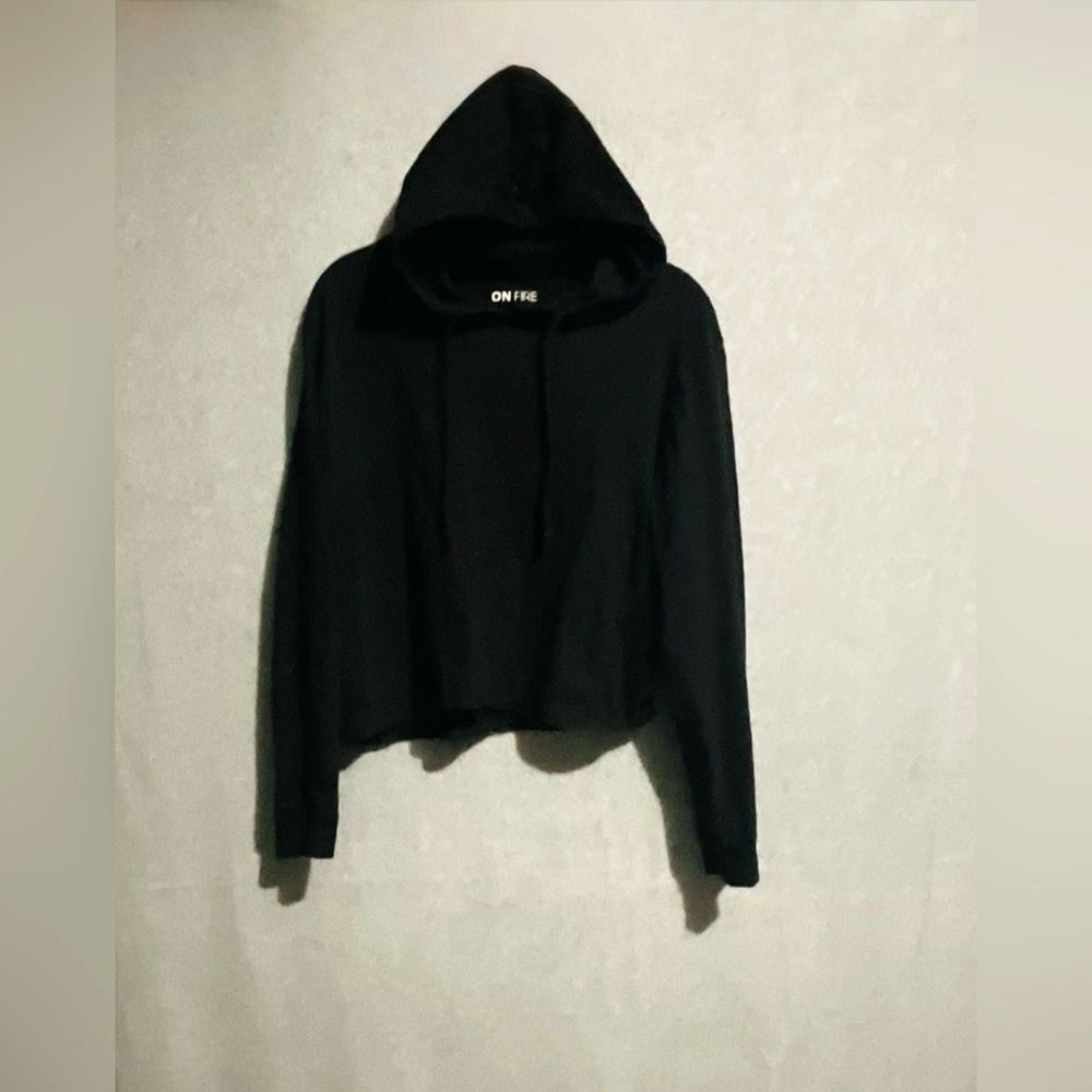 ON FIRE Black Cropped Hoodie Size L 100% Cotton Minimalist Streetwear Pullover